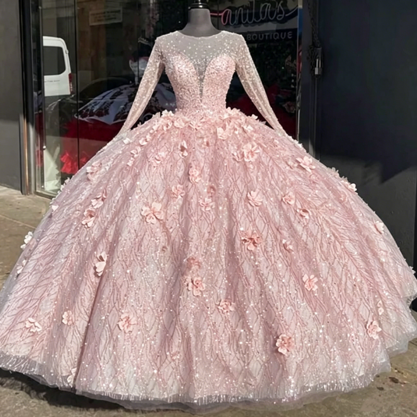 Glamorous Light Blue Beaded Long-Sleeve Quinceañera 3D Flowers Ball Gown DS4411