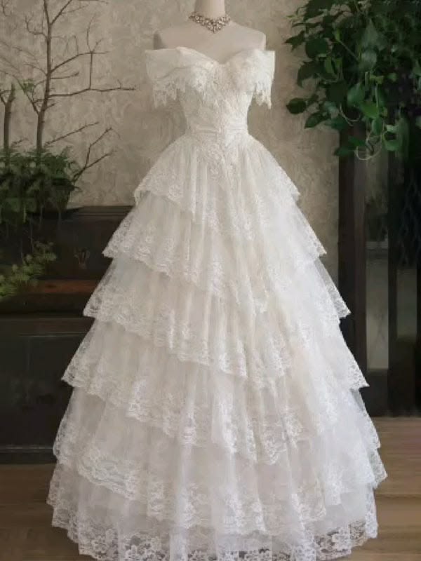 Romantic Ivory Off-the-Shoulder Tiered Lace A-Line Wedding Dress DP8616