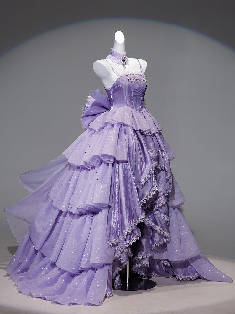 Chic Lavender Tulle Tiered High-Low Evening Gown Lace Trim A-Line Prom Dress  DP7870