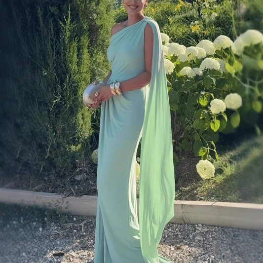 Vintage Mint Green One-Shoulder Draped Evening Dress DP8079
