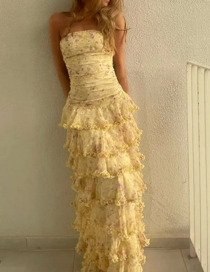 Elegant Yellow Floral Strapless Tiered Ruffle Evening Gown DP8717