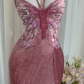 Glamorous Pink Butterfly Beaded Strappy Maxi High Slit Evening Dress Prom Dress DP8121