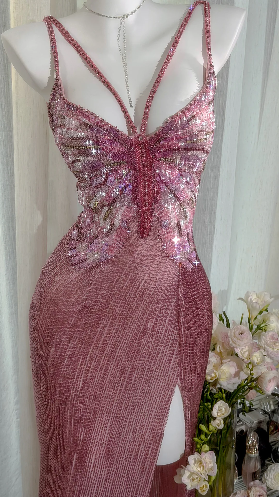 Glamorous Pink Butterfly Beaded Strappy Maxi High Slit Evening Dress Prom Dress DP8121