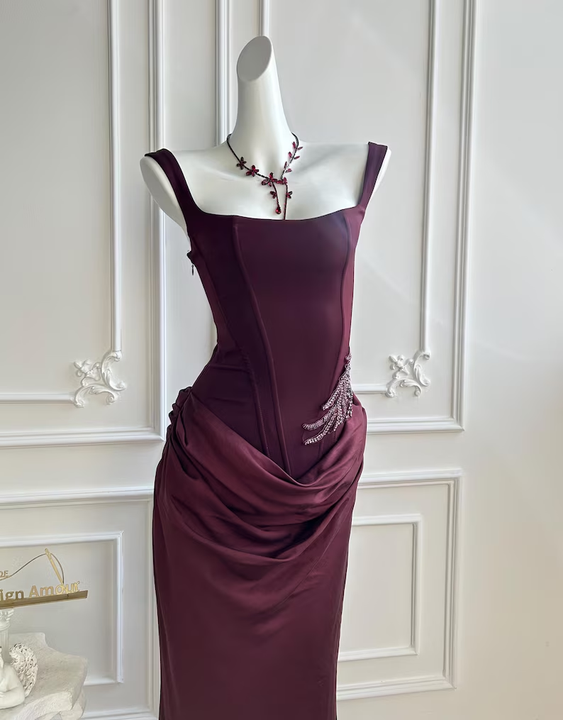 Elegant Burgundy Square Neck Corset Mermaid Beaded Evening Gown DP8399