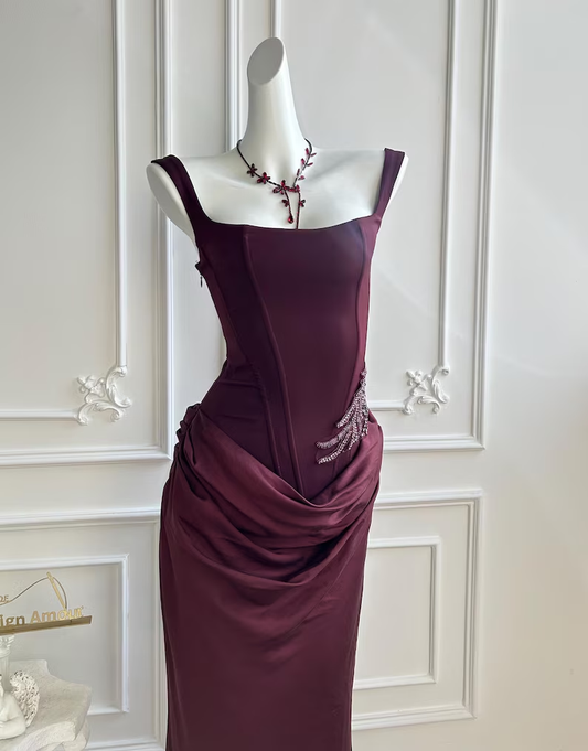Elegant Burgundy Square Neck Corset Mermaid Beaded Evening Gown DP8399
