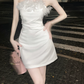 Elegant White Strapless Satin 3D Floral Ruched Bodycon Homecoming Dress DP8810