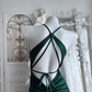 Elegant Emerald Green Halter-Neck Ruched Maxi Prom Dress Satin Evening Gown with High Slit DP8137