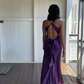 Black V Neck Backless Simple Satin Long Evening Party Dress, DP3019