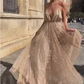Shiny Glitter Deep V-Neck Tulle Prom Dress A-Line Spaghetti Straps Evening Dress DP8145