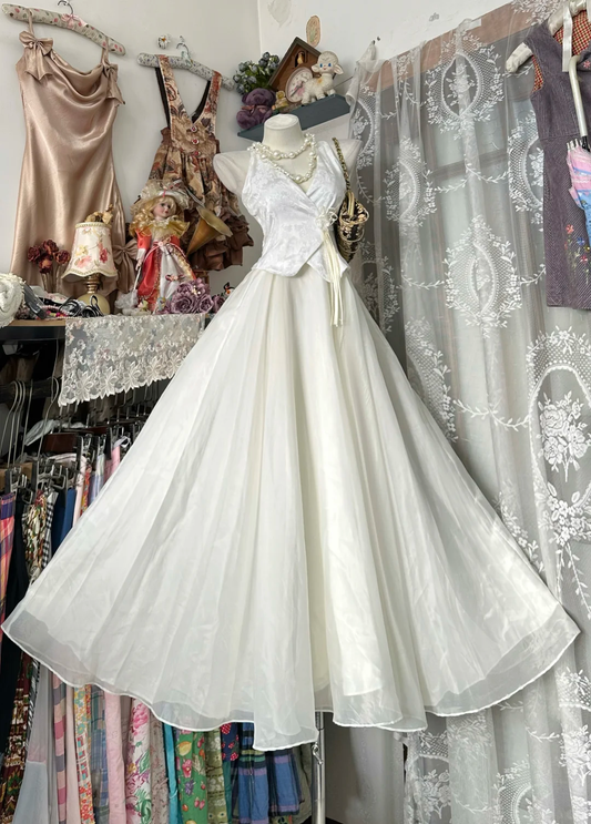 Vintage White Two-Piece V-Neck Evening Gown Sleeveless Wrap Top & Chiffon Skirt Prom Dress DP8329