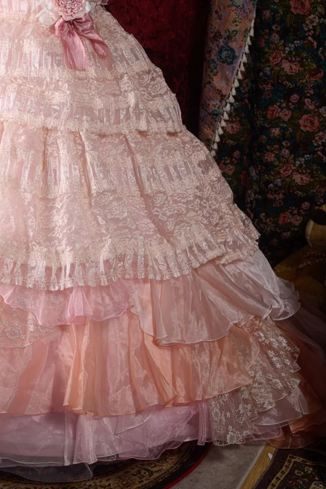 Glamorous Pink Tiered Strapless Lace Floral Sweet 16 Quinceanera Ball Gown DP7410