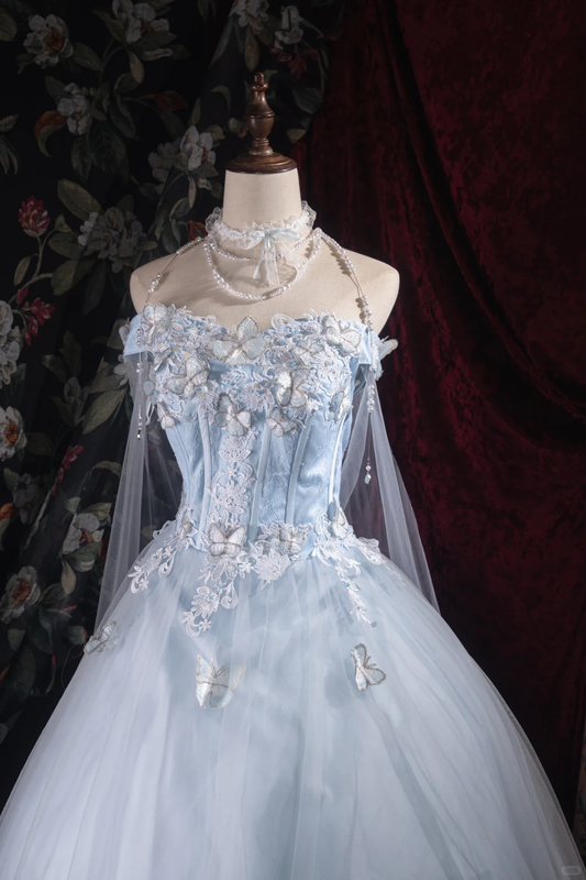 Romantic Light Blue Tulle Off-Shoulder Lace Butterfly Sweet 16 Quinceanera Ball Gown DP7405