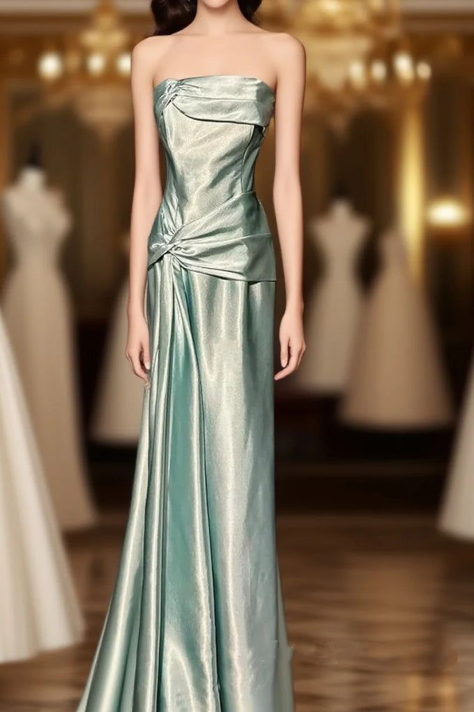 Elegant Aqua Green Satin Strapless Sheath Prom Dress DP8476
