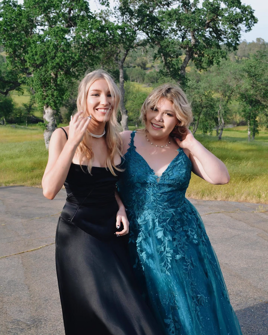 Elegant Black Satin Spaghetti Strap Ruched Bodice Evening Gown DP7401