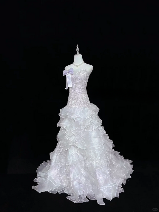 Elegant Lilac Strapless Mermaid Beaded Ruffled Tulle One-Shoulder Bow Evening Gown DP7368