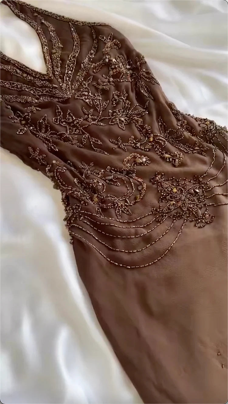 Retro Gradient Gorgeous Exquisite Beaded Halter Dress Long Chiffon Evening Gown Prom Dress DP6086