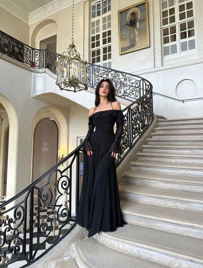 Vintage Schwarz Chiffon Off-the-Shoulder A-Linie Langes Ballkleid Partykleid Abendkleid DP6493