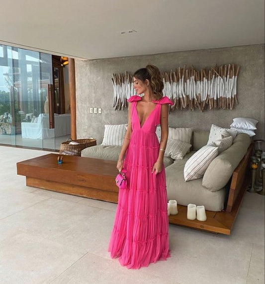 Robe de bal vintage rose vif, col en V, longue robe de soirée plissée, coupe trapèze, dos nu, DP6575