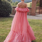 Vintage Pink Off-the-Shoulder Ballkleid Langes Plissee Abendkleid Formelles Kleid, DP6592