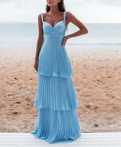 Vintage Blue Sweetheart Pleated A-Line Tiered Long Prom Dress Party Dress Evening Dress DP6462