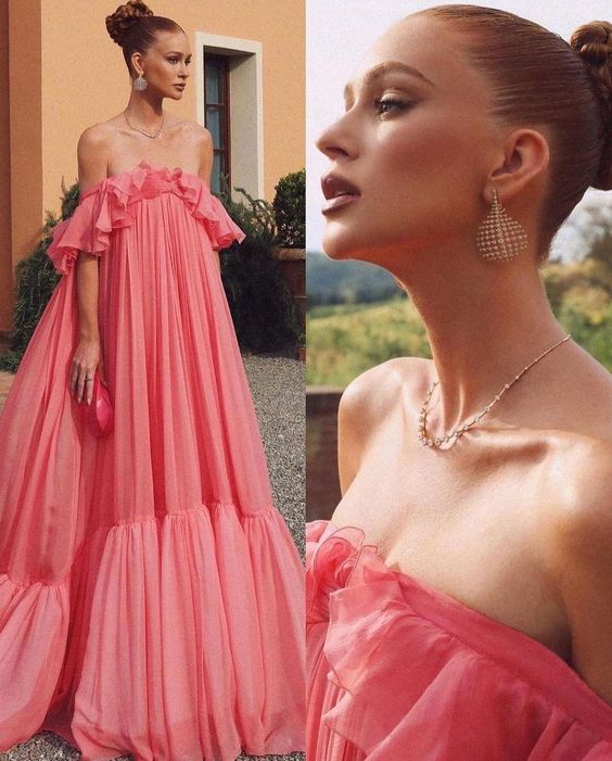 Vintage Pink Off-the-Shoulder Ballkleid Langes Plissee Abendkleid Formelles Kleid, DP6592