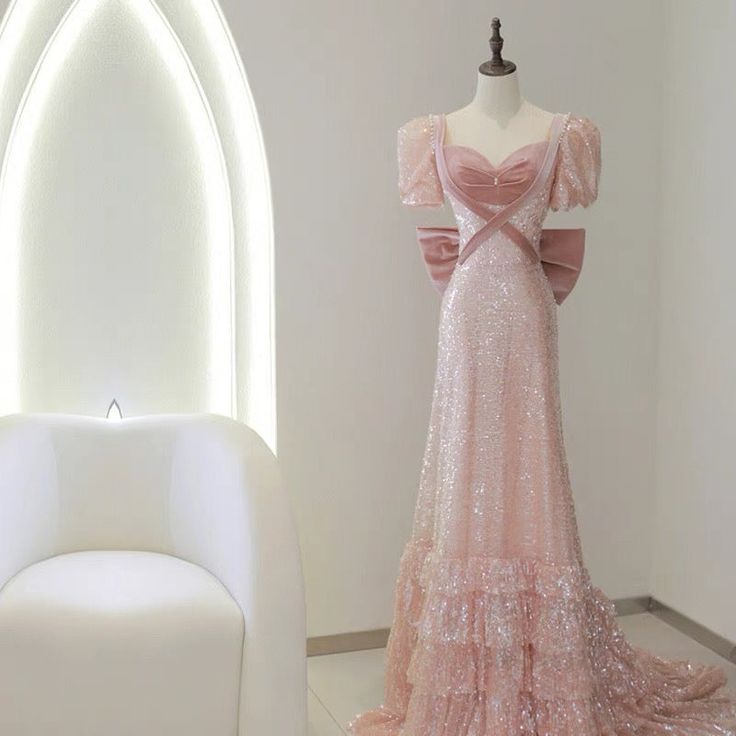 Vintage Pink Sequin Puff Sleeve A-Line Prom Dress Tiered Ruffle Hem Evening Gown DP8283