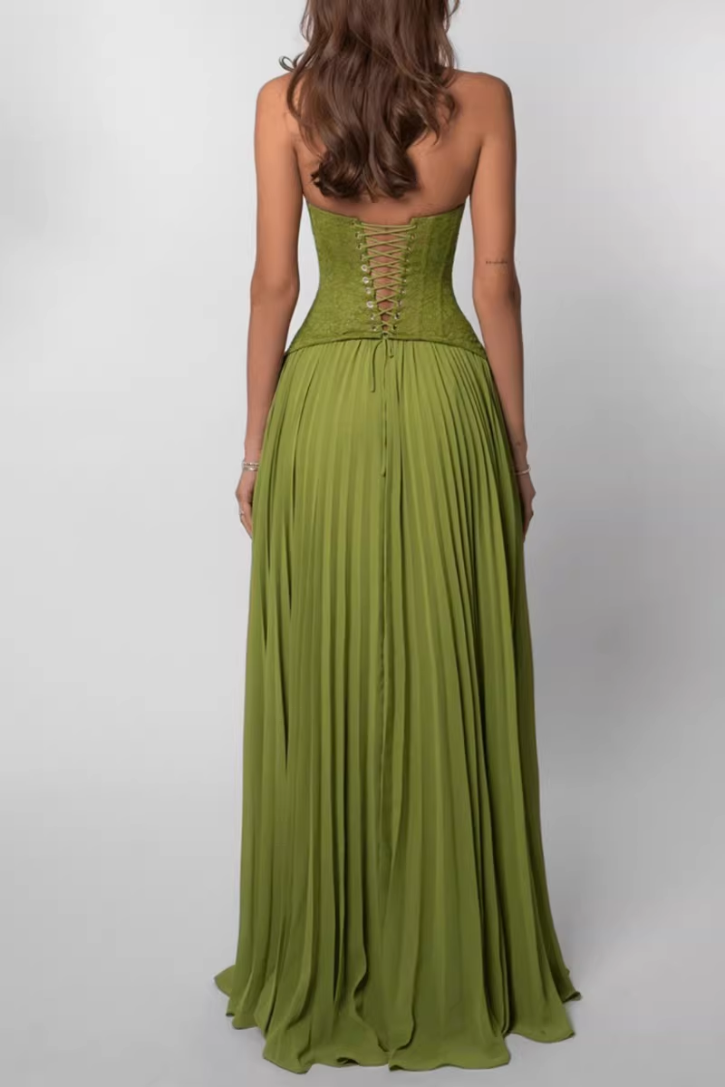 Elegant Olive Green Halter-Neck Lace Corset Pleated Chiffon Maxi Formal Evening Gown DP8233
