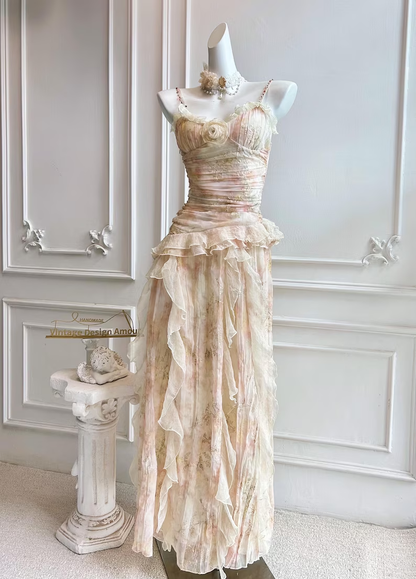 Vintage rosa geblümtes Chiffon-Abendkleid mit gestuften Rüschen und 3D-Rose DP8403