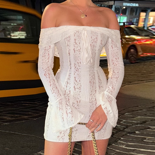 Vintage White Lace Off-the-shoulder Sheath Long-sleeved Short Summer Dresses Party Dress Homecoming Dress DP6394