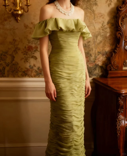 Glamorous Olive Green Off-the-Shoulder Ruched Gown with Ruffled Neckline Prom Dress DP7662