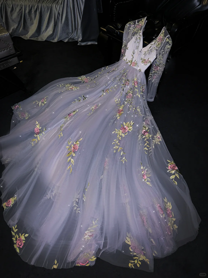 Glamorous A-Line Tulle V-Neck Floral Embroidery Evening Gown DP7332