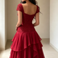 Elegan Burgundy Sparkly Sequined Cap Sleeve Tiered Chiffon Ruched Bodice Long Prom Dress DP8653