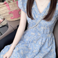 Vintage Light Blue Floral Prom Dress A-Line Short-sleeve Evening Dress Long Summer Dress DP6709