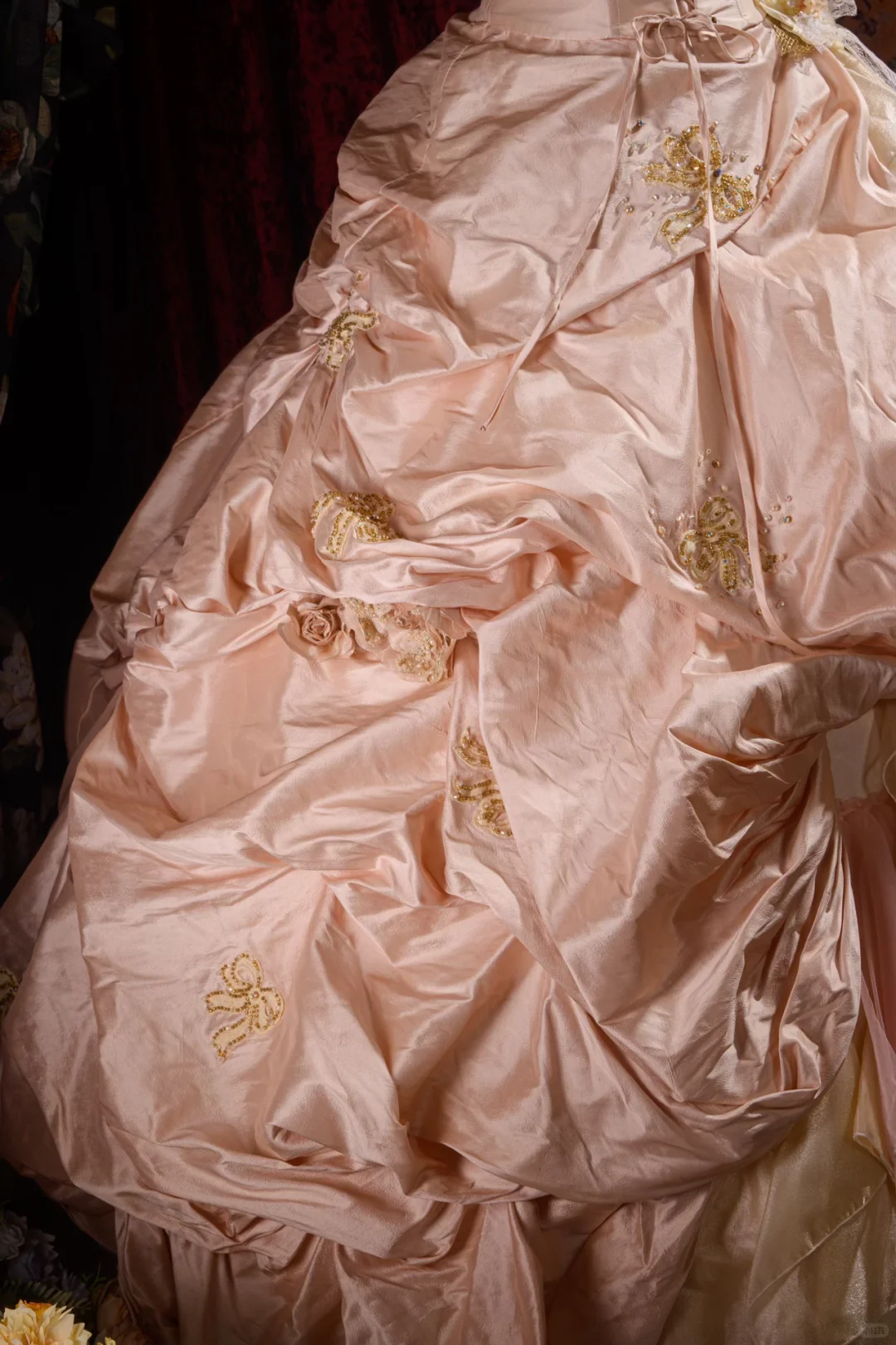 Elegant Pink Strapless Ruffled Tiered Gold Beaded Embroidery Sweet 16 Quinceanera Ball Gown DP7411