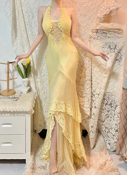 Elegant Pale Yellow Chiffon Beaded Halter-Neck Mermaid Prom Dress DP8181