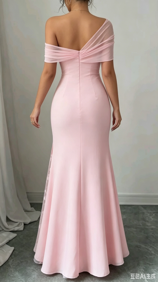 Elegant Pink Asymmetric Off-the-Shoulder Mermaid Floral Mesh Slit Evening Gown DP8583