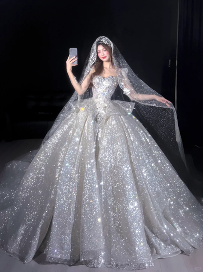 Robe de mariée bustier en tulle scintillant à sequins DP7128