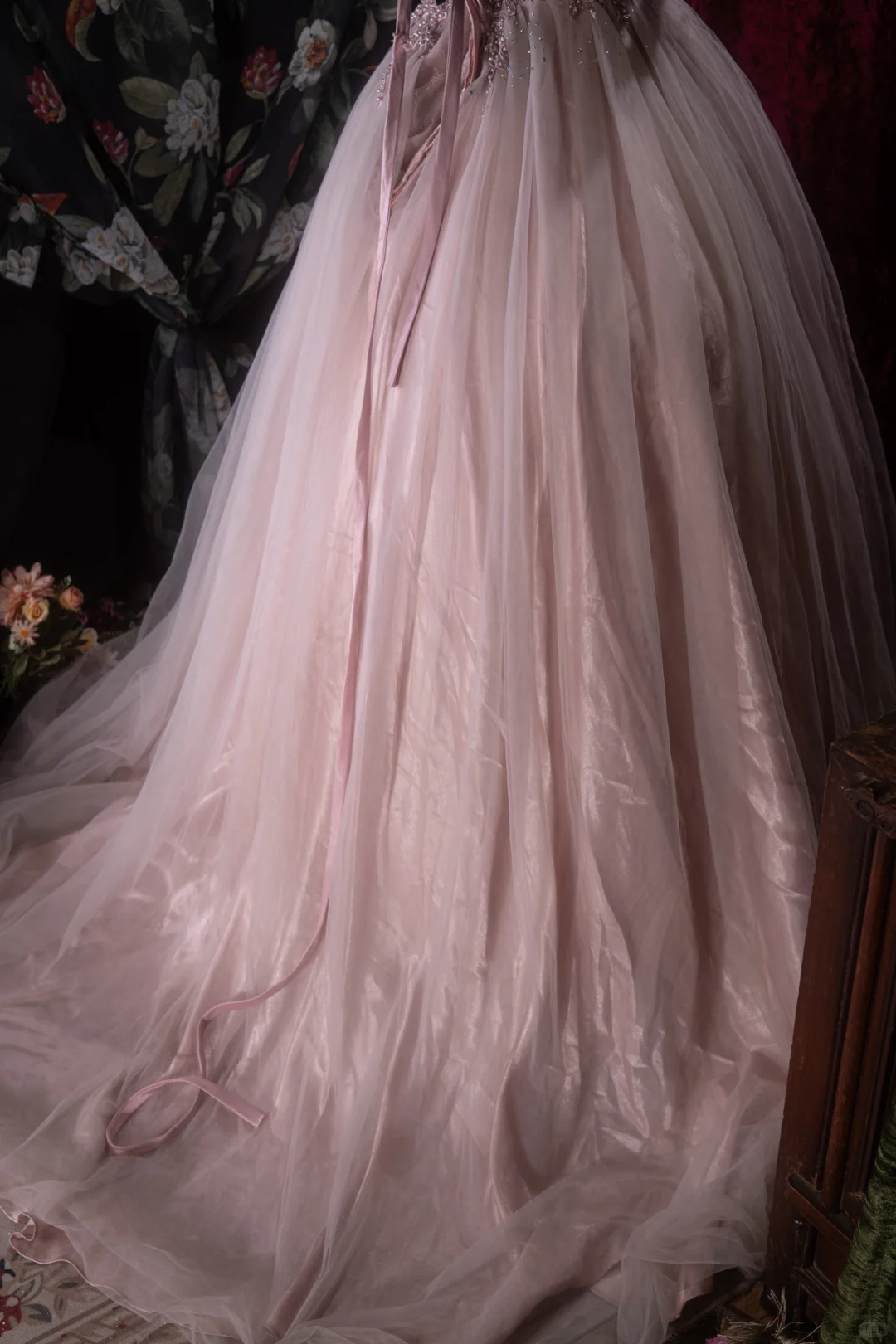 Pink Off-the-Shoulder Beaded Tulle Prom Dress Floral Quinceanera Ball Gown DP8349