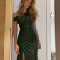 Green Off Shoulder Sequins Sheath Long Formal Party Dress with Split DP3836