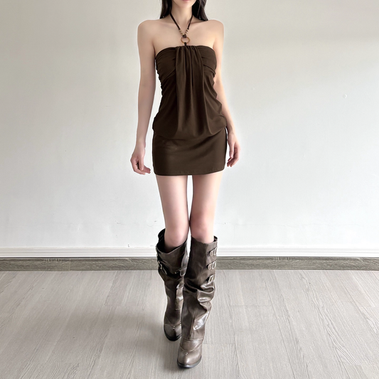 Cute Brown Halter-neck Sheath Short Summer Dresses Party Dress Homecoming Dress DP6341