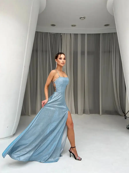 Elegant Glitter Spaghetti Strap A-Line Evening Dress DP8148