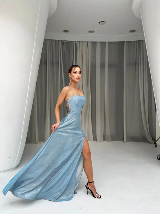 Elegant Glitter Spaghetti Strap A-Line Evening Dress DP8148