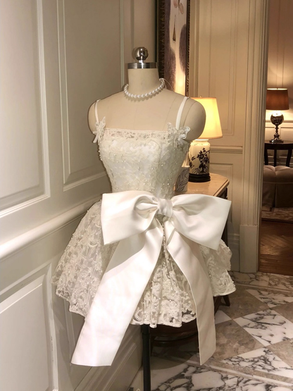 Vintage White Lace Bowknot Design Spaghetti Strap A-Line Homecoming Dress Party Dress Cocktail Dress DP6702