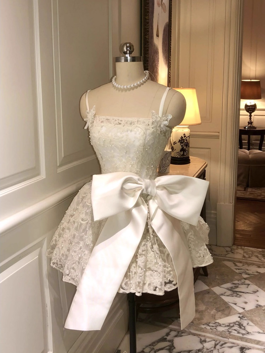 Vintage White Lace Bowknot Design Spaghetti Strap A-Line Homecoming Dress Party Dress Cocktail Dress DP6702