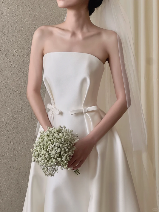 Glamorous Satin A-Line Strapless Wedding Dress with Detachable Tulle Veil DP7123