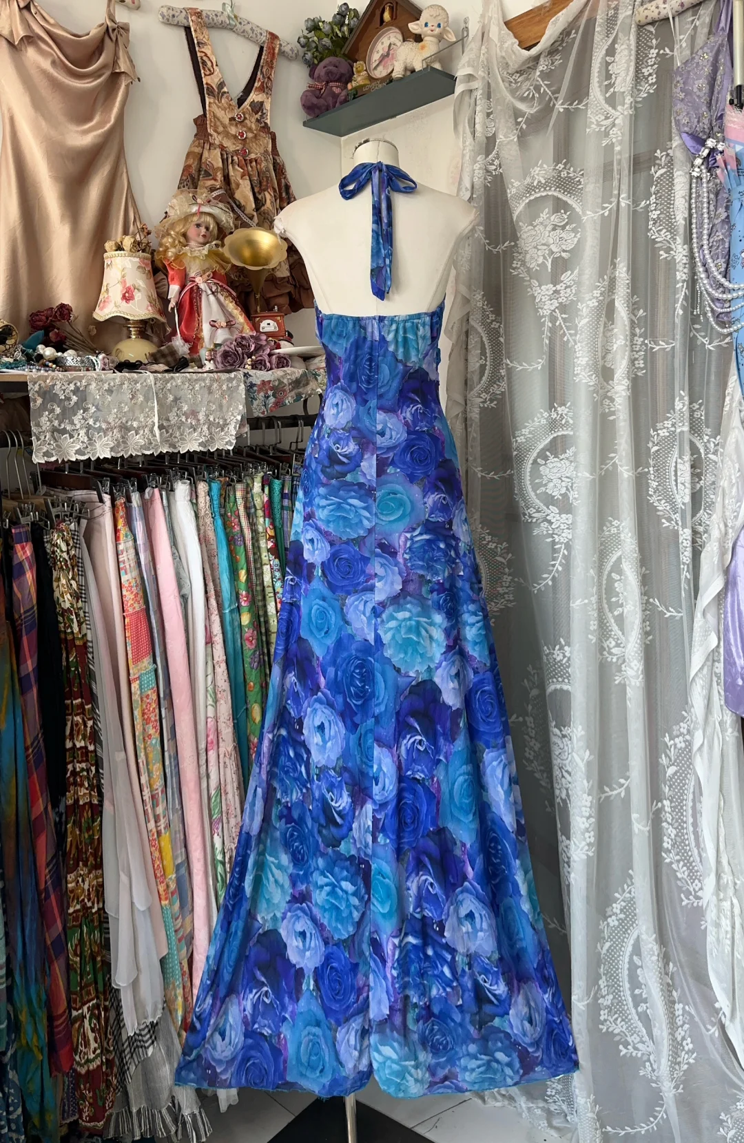 Vintage Navy Blue Floral V-neck Halter Dress Elegant A-Line Long Evening Dress Prom Dresses DP6214