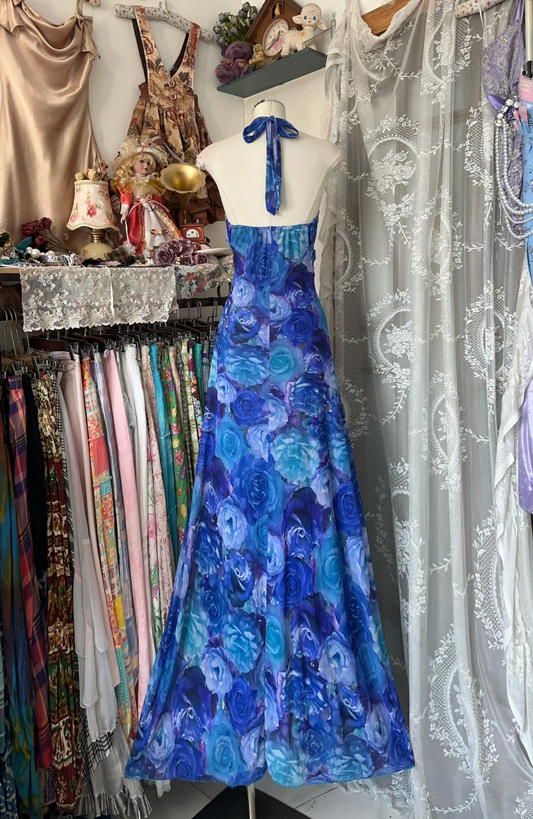 Vintage Navy Blue Floral V-neck Halter Dress Elegant A-Line Long Evening Dress Prom Dresses DP6214