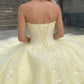 Elegant Strapless Yellow Tulle Prom Dress Lace Appliques and Train Sweet 16 Quinceanera Ball Gown DP8268