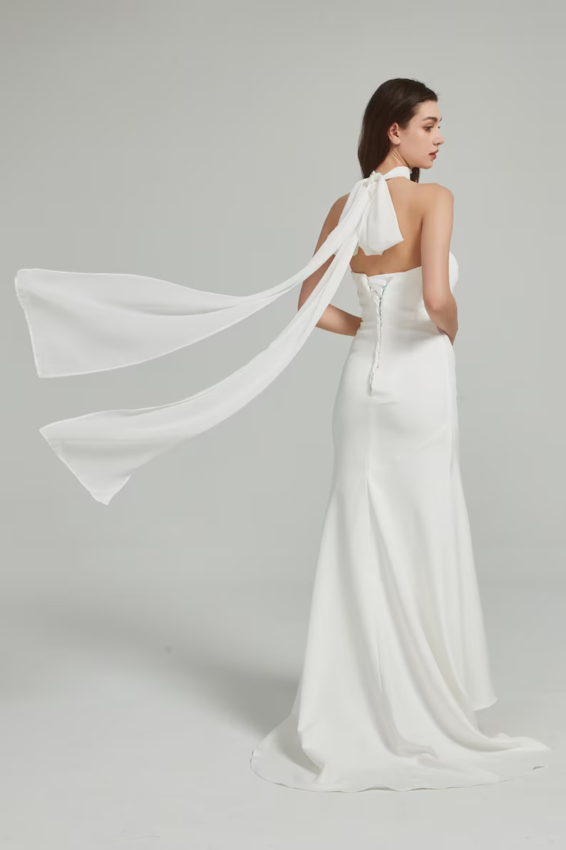 Elegant Cream Ivory Strapless Satin Mermaid Flowing Neck Bow Sash Wedding Dress DP8397