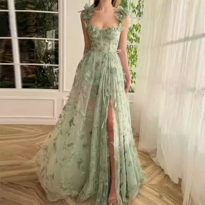 Elegant Sage Green 3D Floral Tulle Maxi High Slit Evening Dress DP8072